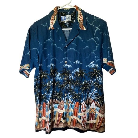 Men’s Vintage Hawaiian Button Down Shirt With Palm Trees Blue Medium - Picture 1 of 7